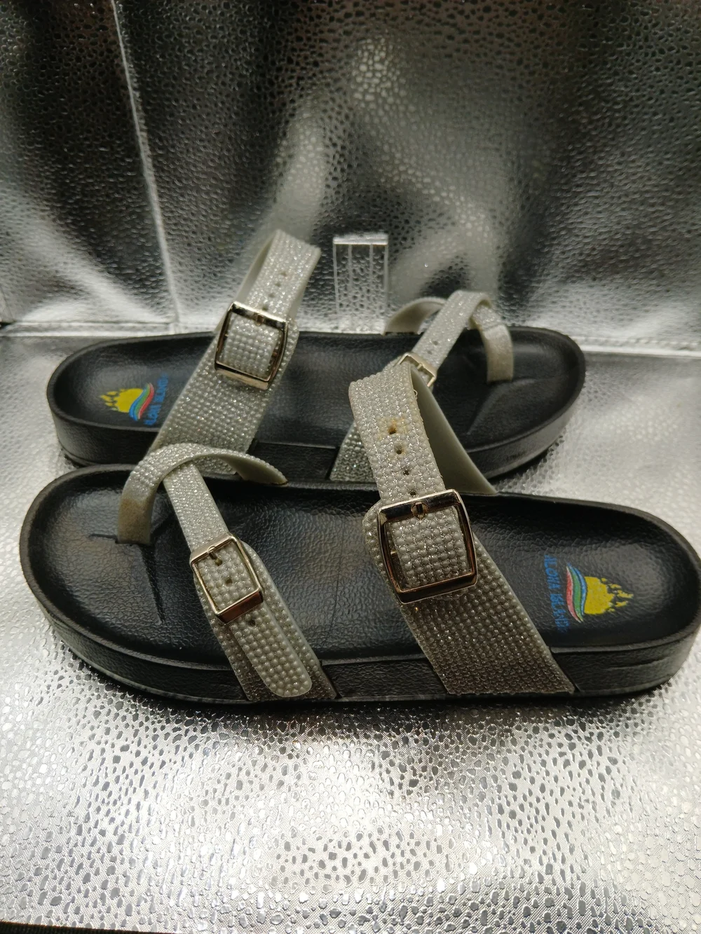 Aloha Island Sparkly Silver Slide Sandals Women's Size 8